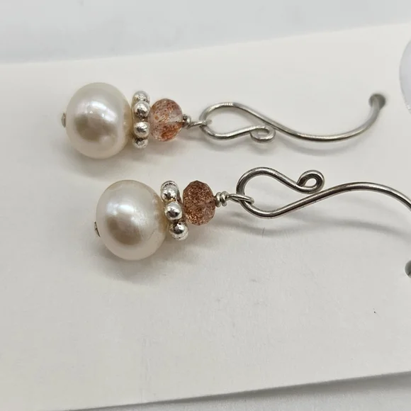 💎Sterling Silver Earrings with Freshwater Pearl and Sunstone Gemstones - Picture 6 of 9